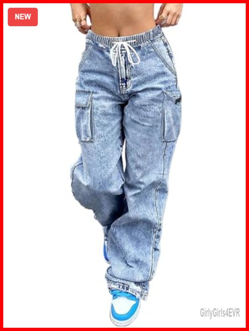 Wide Leg Cargo Jeans Elastic Waist Drawstring Stretchy Polyester Blend Y2K